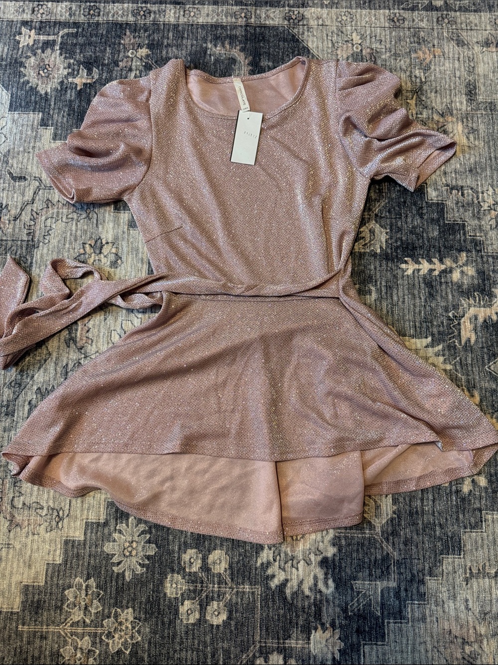 Chocolate Shimmery Rose Pink Fit-and-Flare Mini Dress with Waist Tie